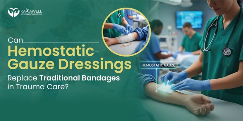 Axiostat hemostatic gauze dressing next to a traditional rolled bandage, showcasing the difference in advanced bleeding control for trauma care.
